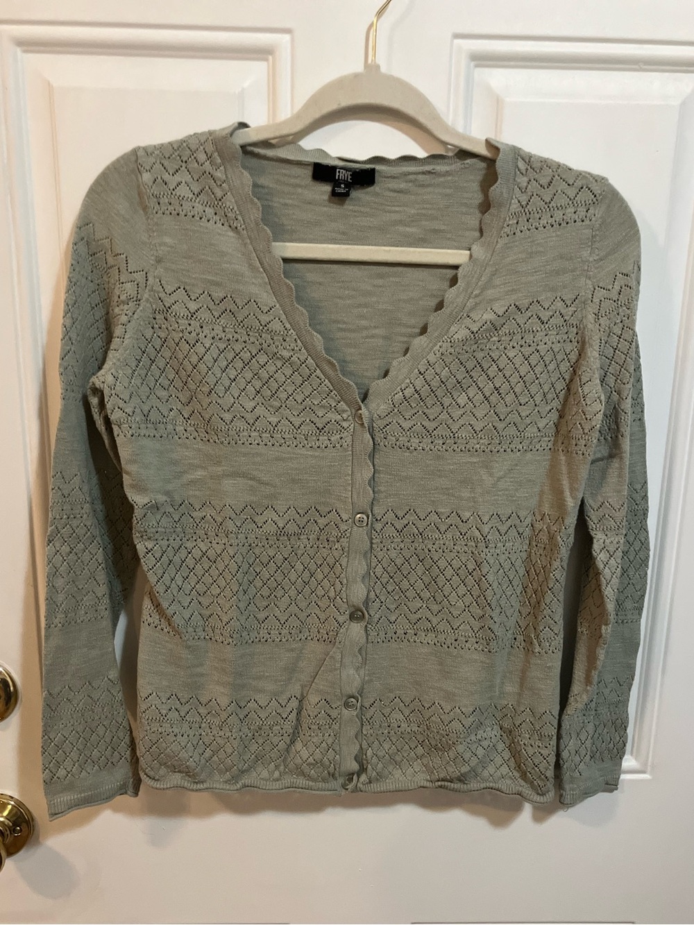 Frye Sage Green Pointelle Scalloped Cardigan Sweater S